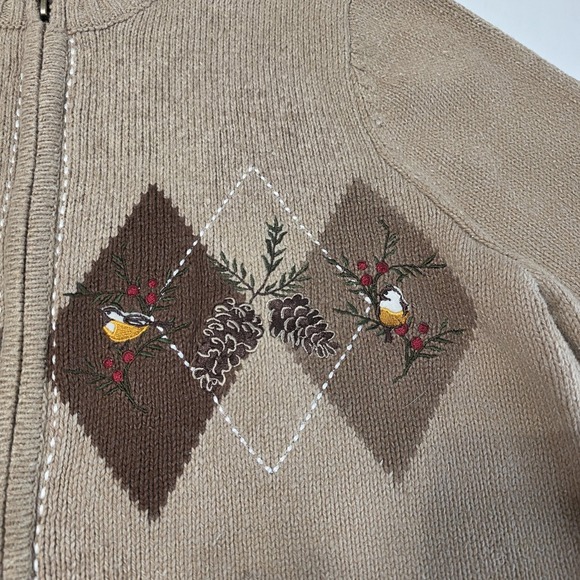 Croft & Barrow Cardigan Sweater Womens Petite Medium Beige Bird Holiday Argyle - Picture 7 of 8